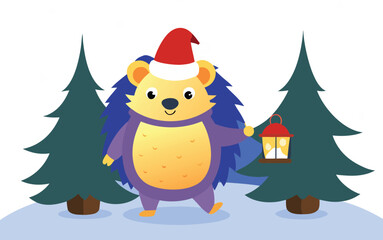 Cute hedgehog in santa hat holding a lantern in a snowy forest