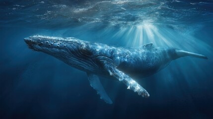 Fototapeta premium Majestic humpback whale gracefully swims in the deep blue ocean, illuminated by sunlight filtering through the waters surface