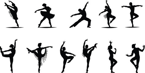 Black Silhouette Dancers in Dynamic Ballet, Jazz, and Contemporary Poses Showcasing Grace, Energy, and Artistic Movement for Creative Vector Illustration