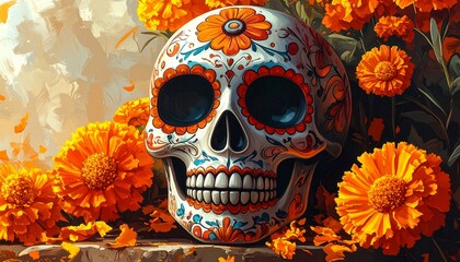 Ornate sugar skull surrounded by vibrant marigold flowers, showcasing a captivating blend of artistry and cultural significance.