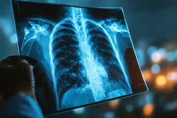 Medical professional reviewing a patient's lung X-ray, backlit by city lights. Focus on diagnostics and health.