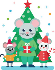 Cute mice celebrate christmas together by a decorated tree