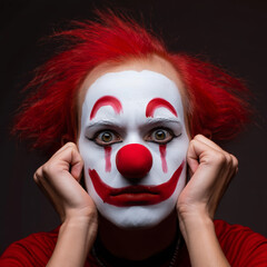 An expressive clown with red hair and dramatic makeup holds his face in his hands in a theatrical portrait. AI generated.