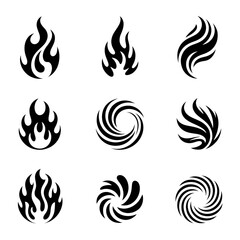Nine Abstract Flame and Swirl Designs; White Line Art on Black Background; Modern, Minimalist Style.