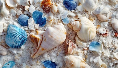 Close-up of seashells and sand