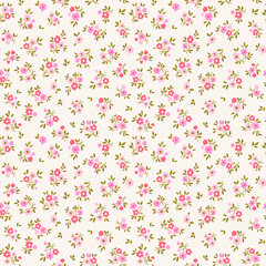Vector seamless pattern. Cute pattern in small daisy flowers. Small red and pink flowers. Beige cream background. Ditsy floral background. Hand drawn template for fashion textile prints. Stock pattern