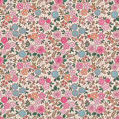 Vintage floral background. Seamless vector pattern for design and fashion prints. Flowers pattern with small pink, orange and blue flowers on a light beige background. Cute Ditsy baby style. Stock art