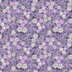 Cute floral pattern. Pretty flowers on gray purple background. Printing with small ivory and pink flowers. Ditsy print. Seamless vector texture. Spring bouquet. Vintage template prints. Stock delicate
