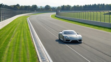 A sleek silver sports car racing on a winding track surrounded by green grass and trees under a clear sky.