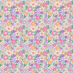 Beautiful floral pattern in small flowers. Small pastel orange, lilac and red flowers. White background. Ditsy print. Floral seamless background. Liberty template for fashion prints. Stock flowers art
