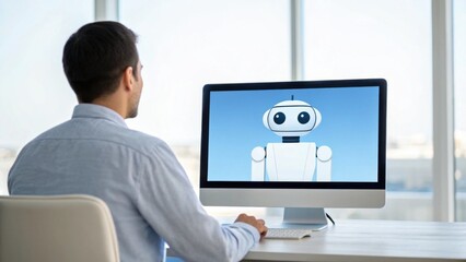 A man sits at a desk, engaging with an animated robot displayed on his computer screen in a bright, modern workspace.