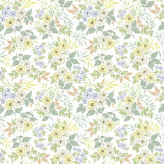 Cute floral background. Easter spring floral pattern with small yellow and blue flowers on white background. Seamless pattern for design and fashion prints. Ditsy style. Stock vector illustration.
