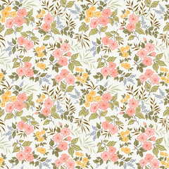 Vector seamless pattern. Vintage pattern in small flowers. Small pastel colors flowers. White background. Ditsy floral background. Delicate Easter template for fashion textile prints. Stock vector.
