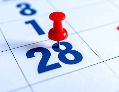 A red pushpin marks the 28th day on a calendar