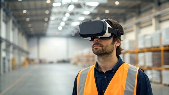 A man wearing a virtual reality headset stands in a warehouse, showcasing the integration of technology in industrial environments.