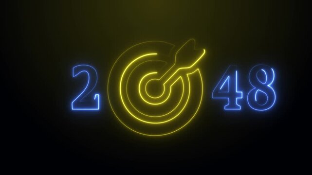 Abstract glowing neon 2048 in the form of numbers and darts instruments on a red background.Business targets refer to specific, measurable goals or objectives that a company sets to achieve 