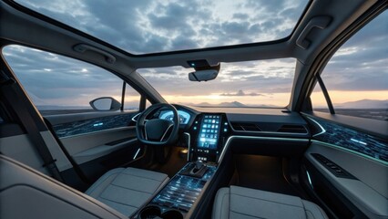 A sleek car interior features modern design, illuminated controls, and panoramic views, embodying luxury and advanced technology.