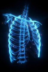 Glowing blue spectral human ribcage and spine, floating in dark space with particles, xray effect and details.