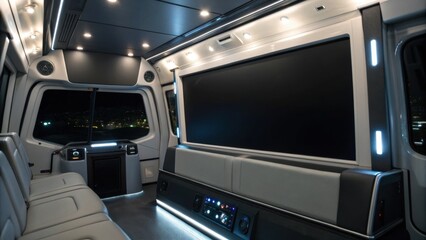 A sleek, modern interior of a vehicle, featuring comfortable seating and ambient lighting, designed for luxury travel or entertainment.