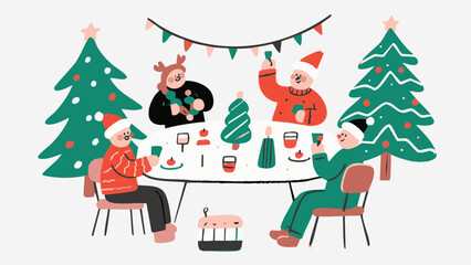 Illustration depicting a Scandinavian-style Christmas concept and dinner party in a simple, minimalist style. Winter. December. New Year. Wreath. Charm. Ornament. Snowman. Present.