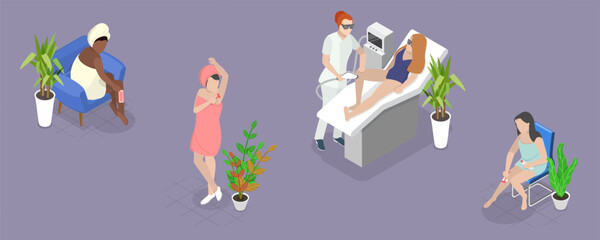 3D Isometric Flat Vector Illustration of Hair Removal, Young Women Performing Beauty Procedures