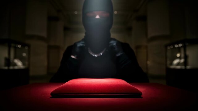 Thief in a balaclava holds and inspects a stolen diamond necklace over a red jewelry display cushion, a crime act footage.