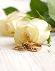 Elegant gold wedding rings rest on a white wooden surface, nestled beside delicate cream roses, evoking a romantic and peaceful ambiance.