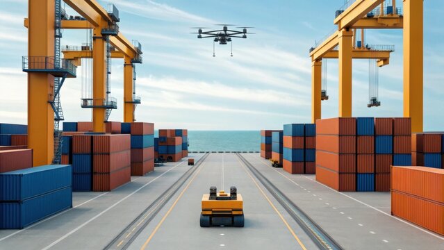 A modern port scene featuring shipping containers, a drone, and gantry cranes against a coastal backdrop.