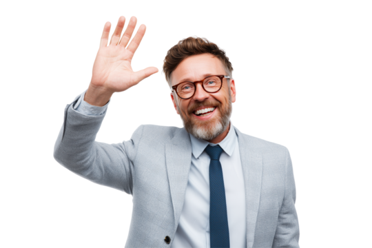 Smiling man with beard and glasses waving hello wearing a light grey suit jacket isolated on a transparent background