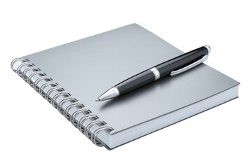 Silver Spiral Notebook with Black Pen on White Surface isolated on a transparent background writing office