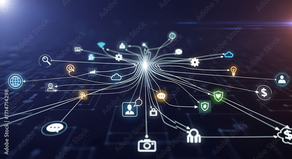 Wall mural centralized network connection with various digital icons representing data flow and communication.