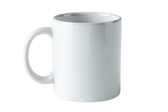 Plain white ceramic mug with a curved handle shown from the side isolated on a transparent background