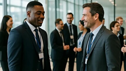 Smiling diverse businessmen networking at a corporate event. Professional conversation and collaboration. - Powered by Adobe