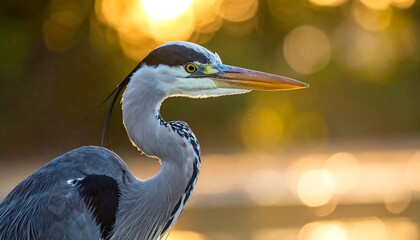A close-up of a grey heron, its elegant profile highlighted by warm golden sunlight.