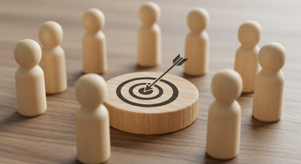 Wooden figures surround a target with arrow, symbolizing teamwork and achieving business goals.