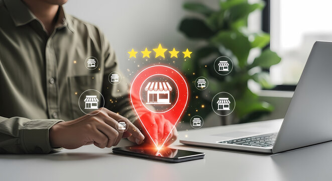 A business owner uses a smartphone to check customer reviews and local store ratings on a digital map interface.