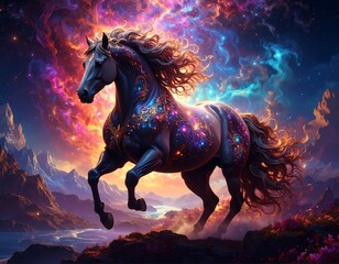 Majestic horse in a vibrant cosmic landscape