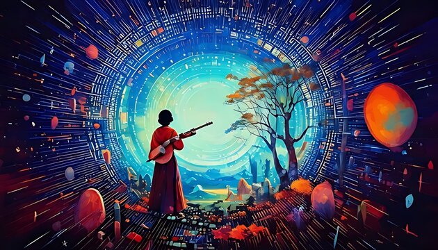 A woman playing a lute in a vibrant, surreal tunnel