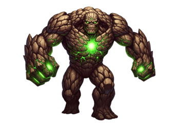 Powerful, stone-like figure stands defiantly against a dark background, showcasing detailed textures and vibrant green energy.