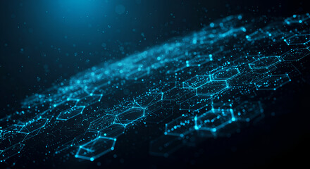 An abstract background depicting a glowing blue digital network with interconnected hexagonal shapes and scattered particles.