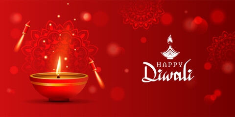 happy diwali festival red abstract background with red decorative diya oil lamp and crackers © graphicdepend