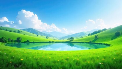 A serene landscape featuring a lush green field gently sloping down to a tranquil lake reflecting the clear blue sky Ideal for nature, travel, or environmental projects , tranquil, grass