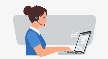 Woman with headset working on laptop at desk.