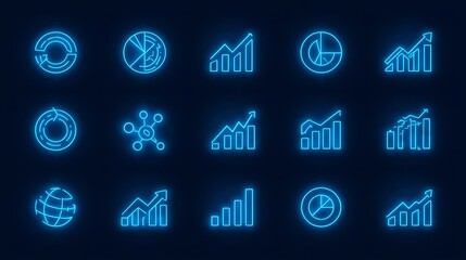 A collection of futuristic blue neon icons representing data visualization, statistics, and business growth charts on a dark background