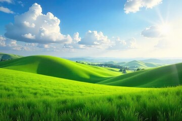 Obraz premium A serene landscape featuring a vast, open sky, rolling hills, and lush green fields bathed in soft sunlight Ideal for nature, travel, and environmental themes , backdrop, outdoors