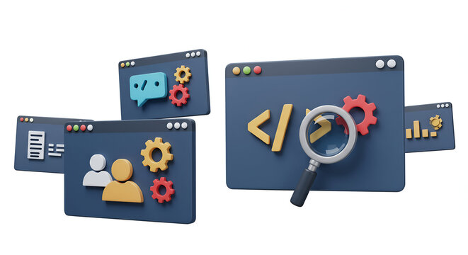 A 3D illustration depicting various browser windows with icons representing web development, coding, data analysis, and digital settings.