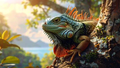 Vibrant iguana resting on a tree trunk in a lush tropical setting.
