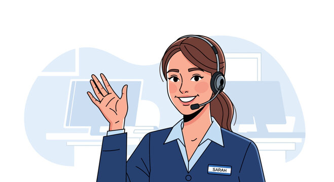 Woman with headset waves hello in office setting.