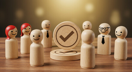 Diverse team celebrating successful approval with a prominent checkmark symbol, conveying achievement and consensus.