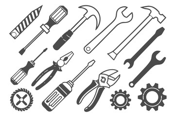 The repair tools collection illustration includes a hammer, wrench, screwdriver, saw, and pliers set as essential equipment icons